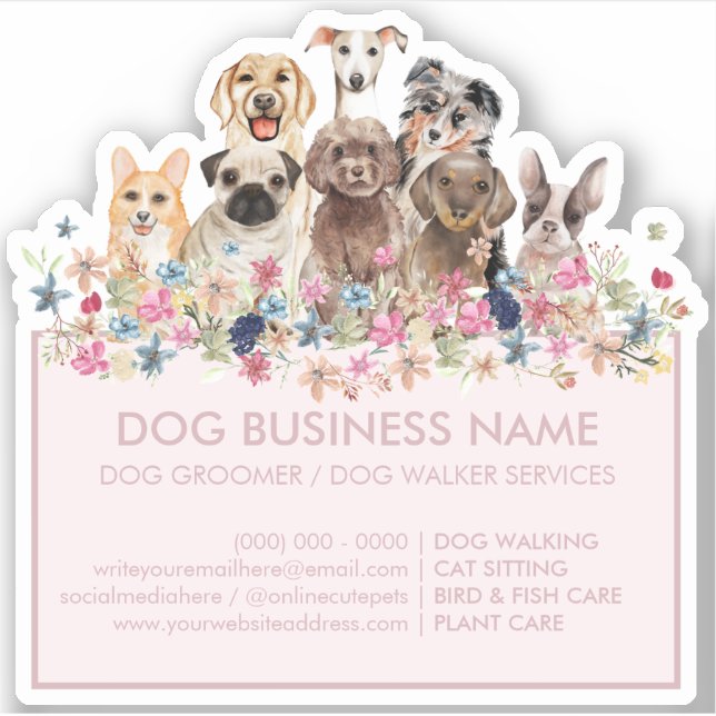 Sticker Cadre Rectangle Fleurs Chiens Rose Tendre (Devant)