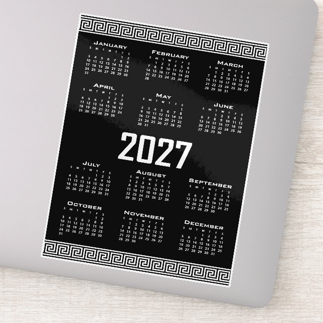 Sticker Calendrier 2027, Frise grecque, Blanc sur Noir (Détail)