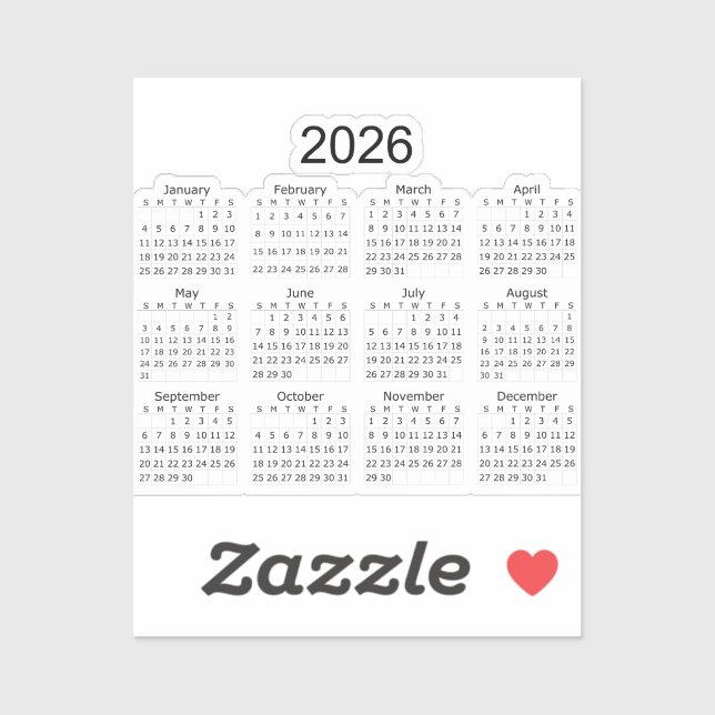 Sticker Calendrier minimaliste simple 2026 (Feuille)