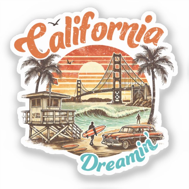 Sticker California Dreamin’ - pont côtier, plage (Recto)