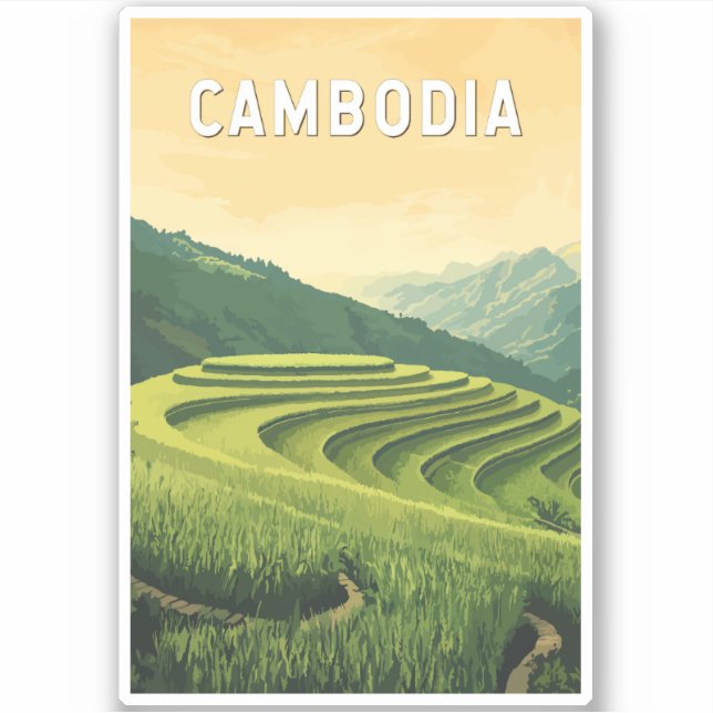 Sticker Cambodge Illustration Voyage Art Vintage (Devant)