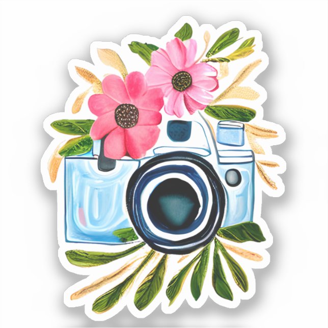 Sticker Caméra d'aquarelle et fleurs mignonnes (Recto)