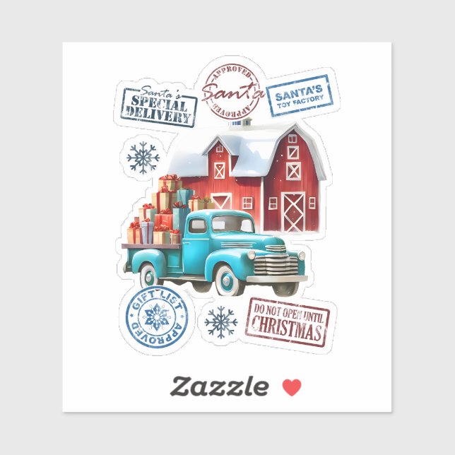 Sticker Camion Cadeaux près de Père Noël Atelier (Feuille)