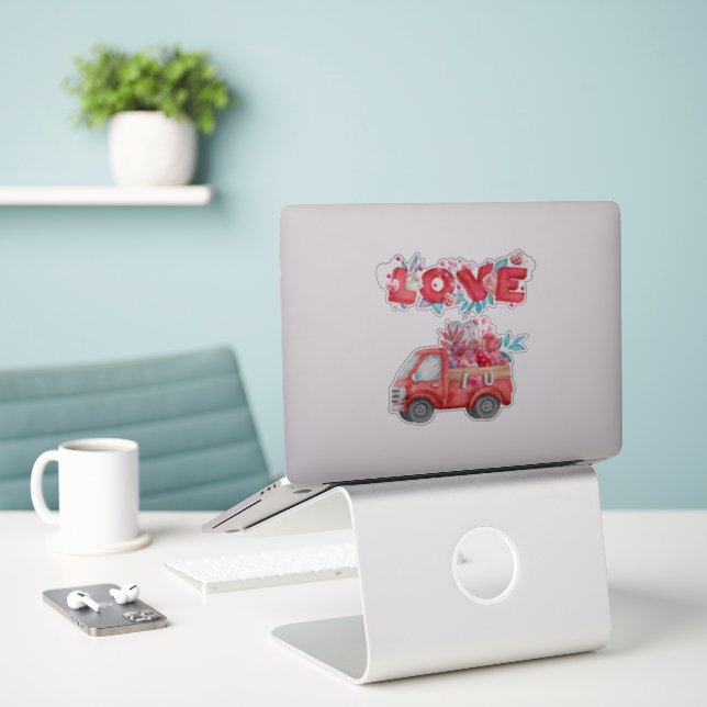 Sticker Camion d'amour mignon avec Coeur Cargo Aquarelle (Ordinateur portable sur le bureau)