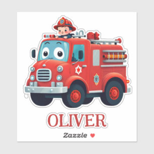 Sticker Camion de pompiers et pompier mignons