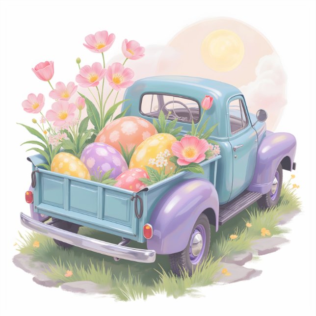 Sticker Camion Rétro Sarcelle et Violet avec Œufs de Pâque (Recto)