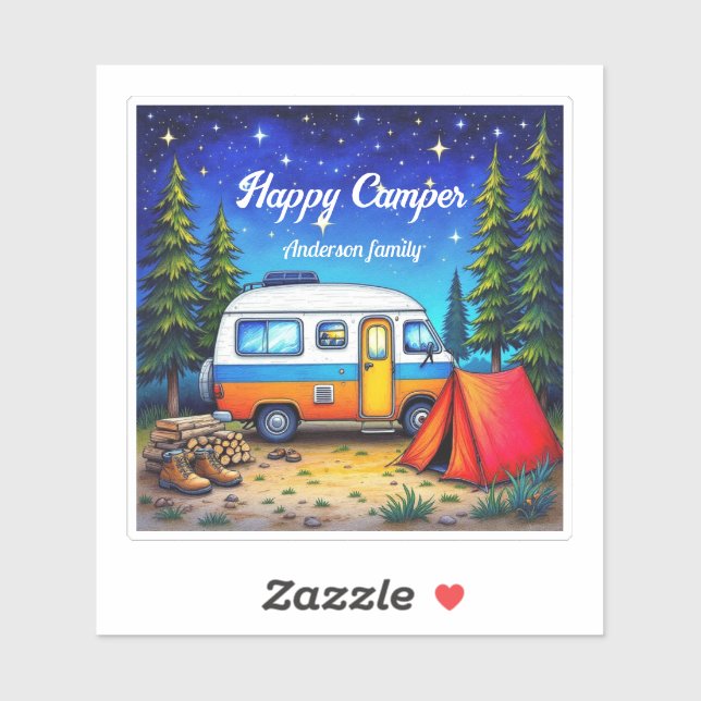 Sticker Camper Camping Blue Green Aquarelle (Feuille)