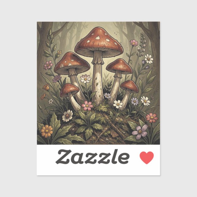 Sticker Camper Rétro, Champignons, Ruisseau et Fleurs (Feuille)