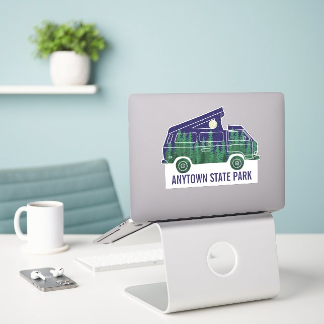 Sticker Camper Van avec tente Pop Up Texte personnalisé (Ordinateur portable sur le bureau)
