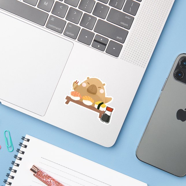 Sticker Capybara avec Sushi (Ordinateur portable avec iPhone)
