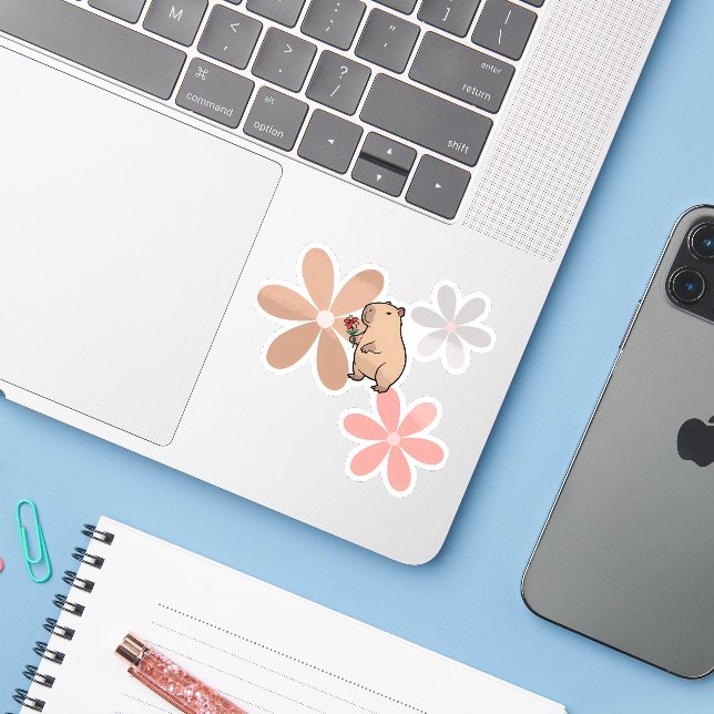 Sticker  Capybara Mignon Avec Fleur  (Ordinateur portable avec iPhone)