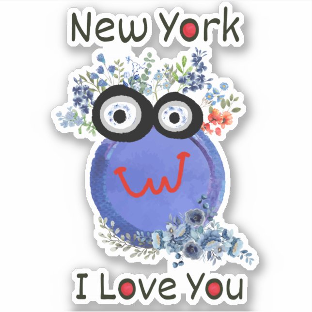 Sticker Caractère Bleu Cute New York Je t'aime (Devant)