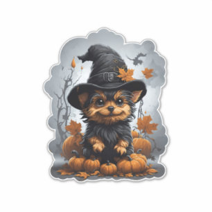 Sticker Caricature pour chiot du Yorkshire avec citrouille