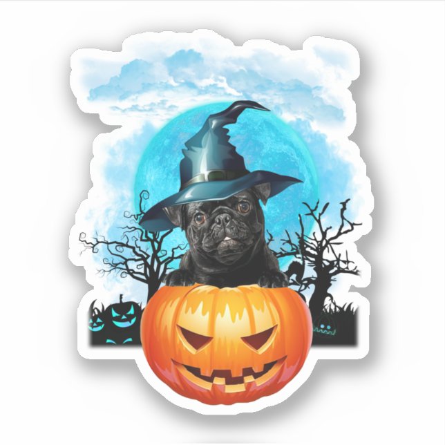 Sticker Carlin noir Lune bleue Citrouille sorcière Hallowe (Devant)