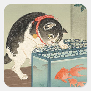 Sticker Carré 猫 と 金 魚, 古 Cat & Goldfish, Koson, Ukiyo-e