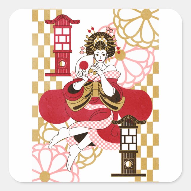 Sticker Carré 花魁と行灯（Oiran and Andon） (Devant)