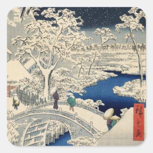 Sticker Carré 雪 の 太 橋, 広 pont 重 Snowy Drum, Hiroshige, Ukiyo-e