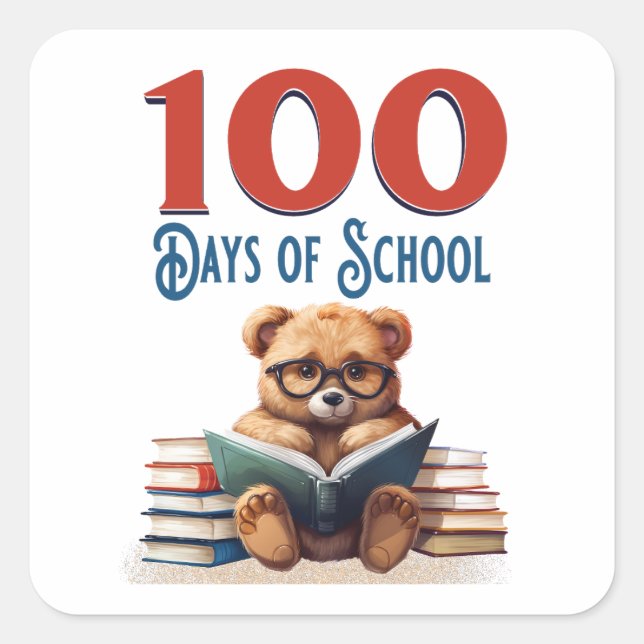 Sticker Carré 100 Jours d'École Ourson Mignon en Train de Lire S (Devant)