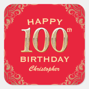 Sticker Carré 100e anniversaire Parties scintillant rouge et or