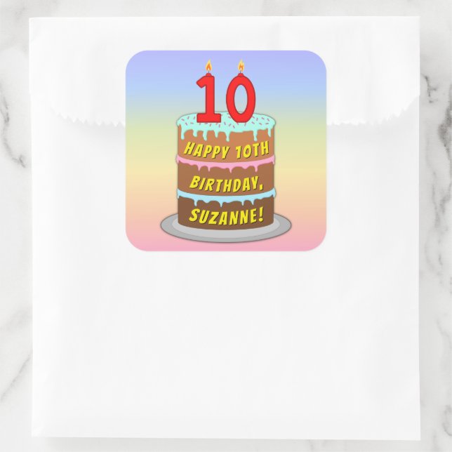 Sticker Carré 10e anniversaire : Fun Cake and Candles + Nom pers (Sac)