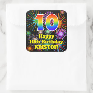 Sticker Carré 10e anniversaire : Fun Fireworks Look, Arc en ciel