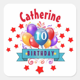 Sticker Carré 10ème Ballons colorés de fête V10F d'anniversaire