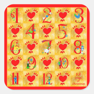 Sticker Carré 12 Jours de Noël Art populaire avec Coeurs sur Or