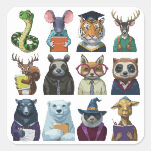 Sticker Carré 12 Retour à l'école animal mignon