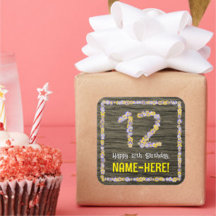 Sticker Carré 12e anniversaire : Nombre floral, aspect faux bois