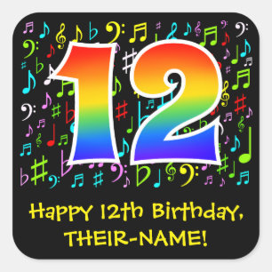 Sticker Carré 12e anniversaire : Symboles de musique colorée, Ar