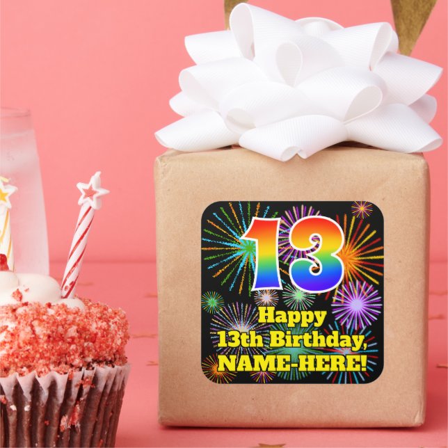 Sticker Carré 13e anniversaire : Fun Fireworks Look, Arc en ciel (Fête)