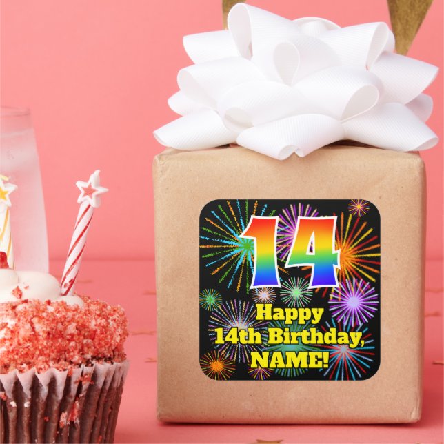 Sticker Carré 14e anniversaire : Fun Fireworks Look, Arc en ciel (Fête)