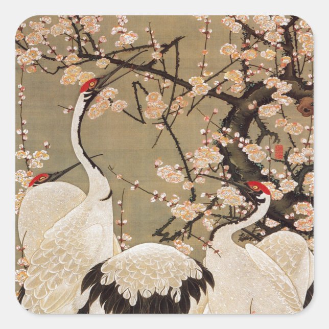 Sticker Carré 15. 梅 花 群 鶴 図, 若 Plum Blossoms & Cranes, Jakuchú,  (Devant)