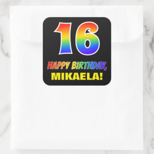 Sticker Carré 16e anniversaire : Bold, amusant, simple, arc-en-c