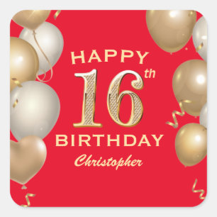 Sticker Carré 16e Anniversaire des Ballons Rouge et Or