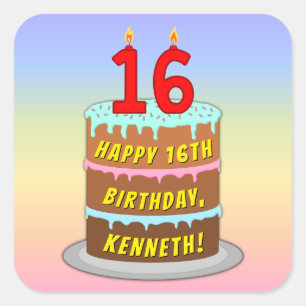 Sticker Carré 16e anniversaire : Fun Cake and Candles + Nom pers