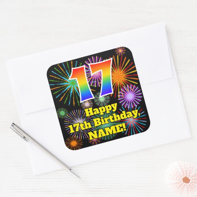 Sticker Carré 17e anniversaire : Fun Fireworks Look, Arc-en-ciel (Enveloppe)