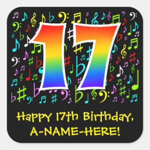 Sticker Carré 17e anniversaire : Symboles de musique colorée, Ar