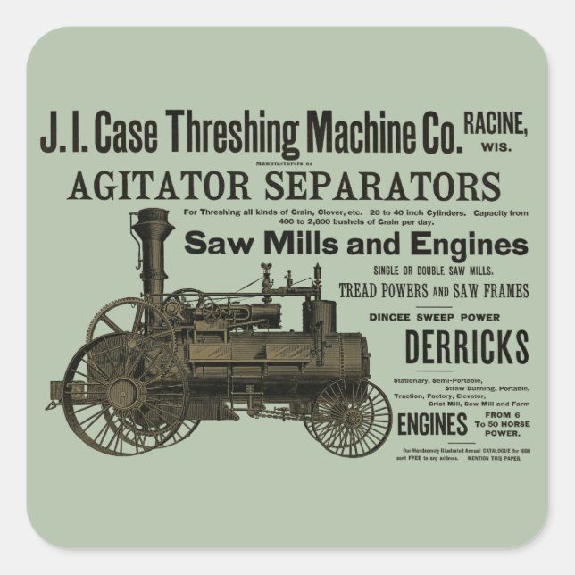 Sticker Carré 1889 Threshing Machine Moteur à vapeur Ferme agric (Devant)
