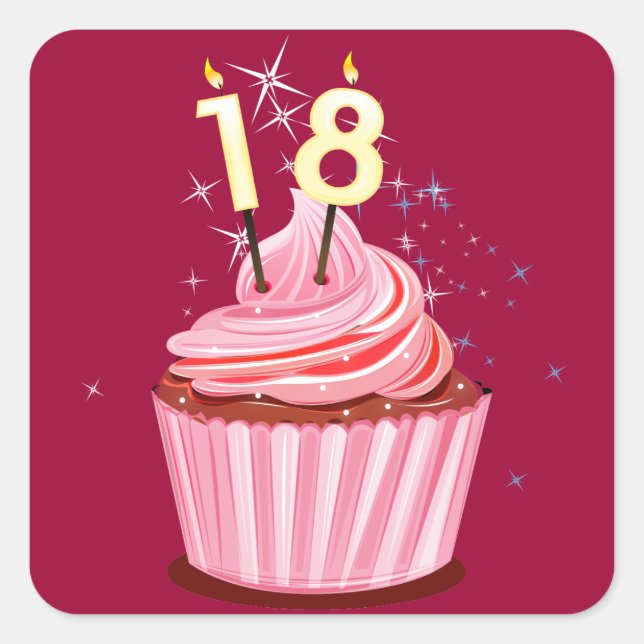 Sticker Carré 18e anniversaire - Cupcake rose (Devant)