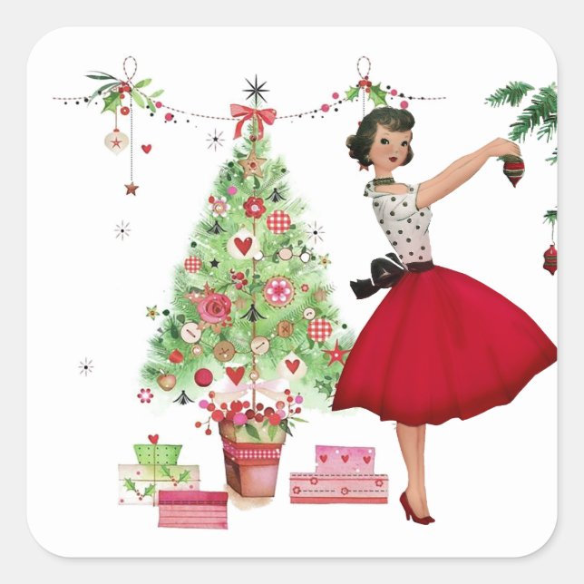 Sticker Carré 1950 Femme de Noël avec arbre de Noël (Devant)