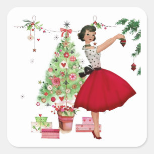 Sticker Carré 1950 Femme de Noël avec arbre de Noël