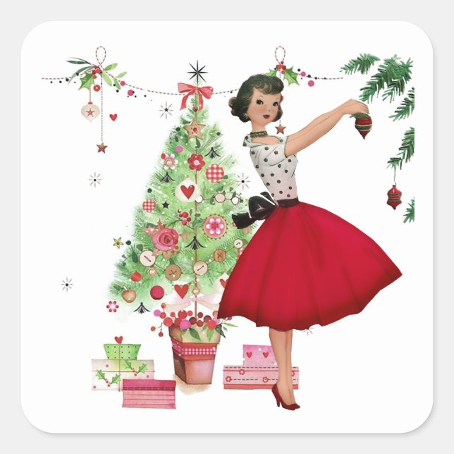 Sticker Carré 1950 Femme de Noël avec arbre de Noël (Devant)