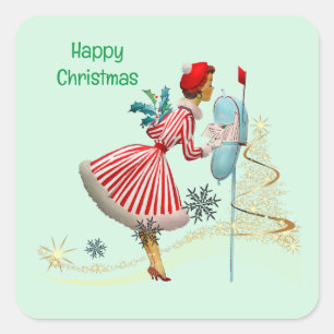 Sticker Carré 1950 Vintage femme de Noël avec cadeaux