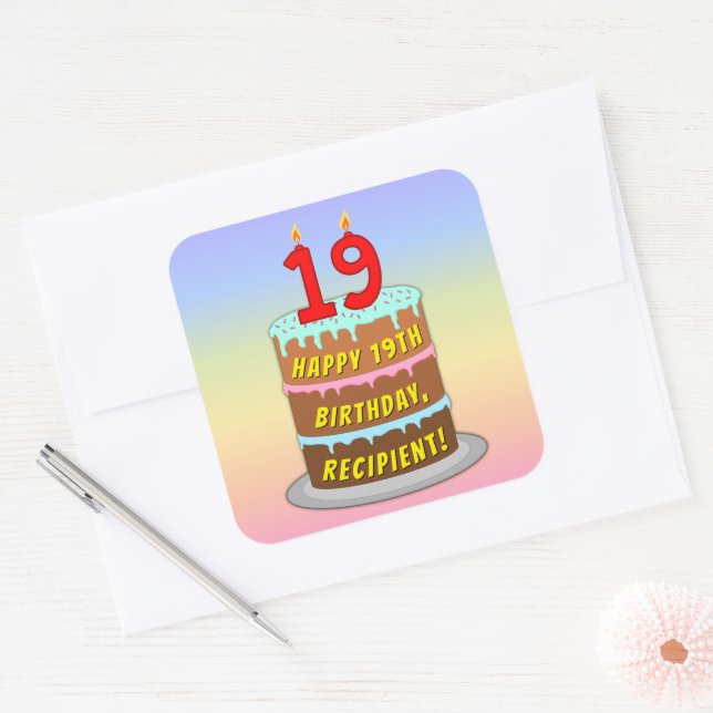 Sticker Carré 19e anniversaire : Fun Cake and Candles + Nom pers (Enveloppe)