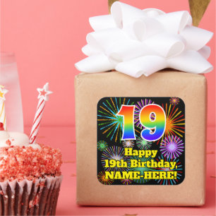 Sticker Carré 19e anniversaire : Fun Fireworks Look, Arc-en-ciel