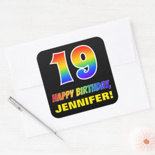 Sticker Carré 19e anniversaire : Gras, amusant, simple, arc en c