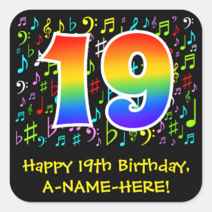 Sticker Carré 19e anniversaire : Symboles de musique colorée, Ar