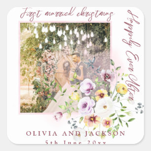 Sticker Carré 1 Photo Newlyweds 1st Married Christmas Pink Text