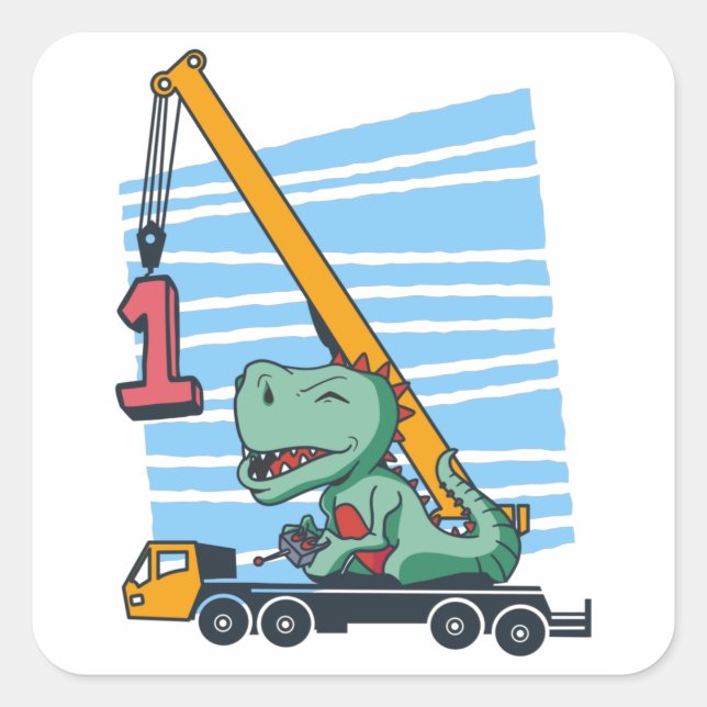 Sticker Carré 1er Anniversaire 1 an Dinosaur Grue Mobile (Devant)